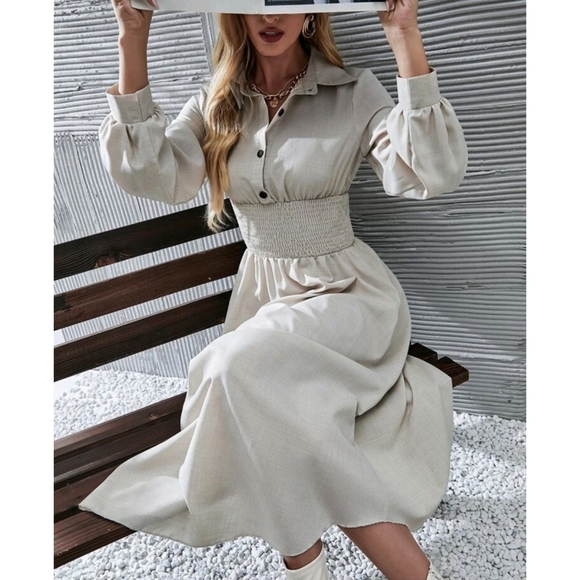 Shirred Waist Solid High Waist Buttoned Dress - Picture 8 of 8